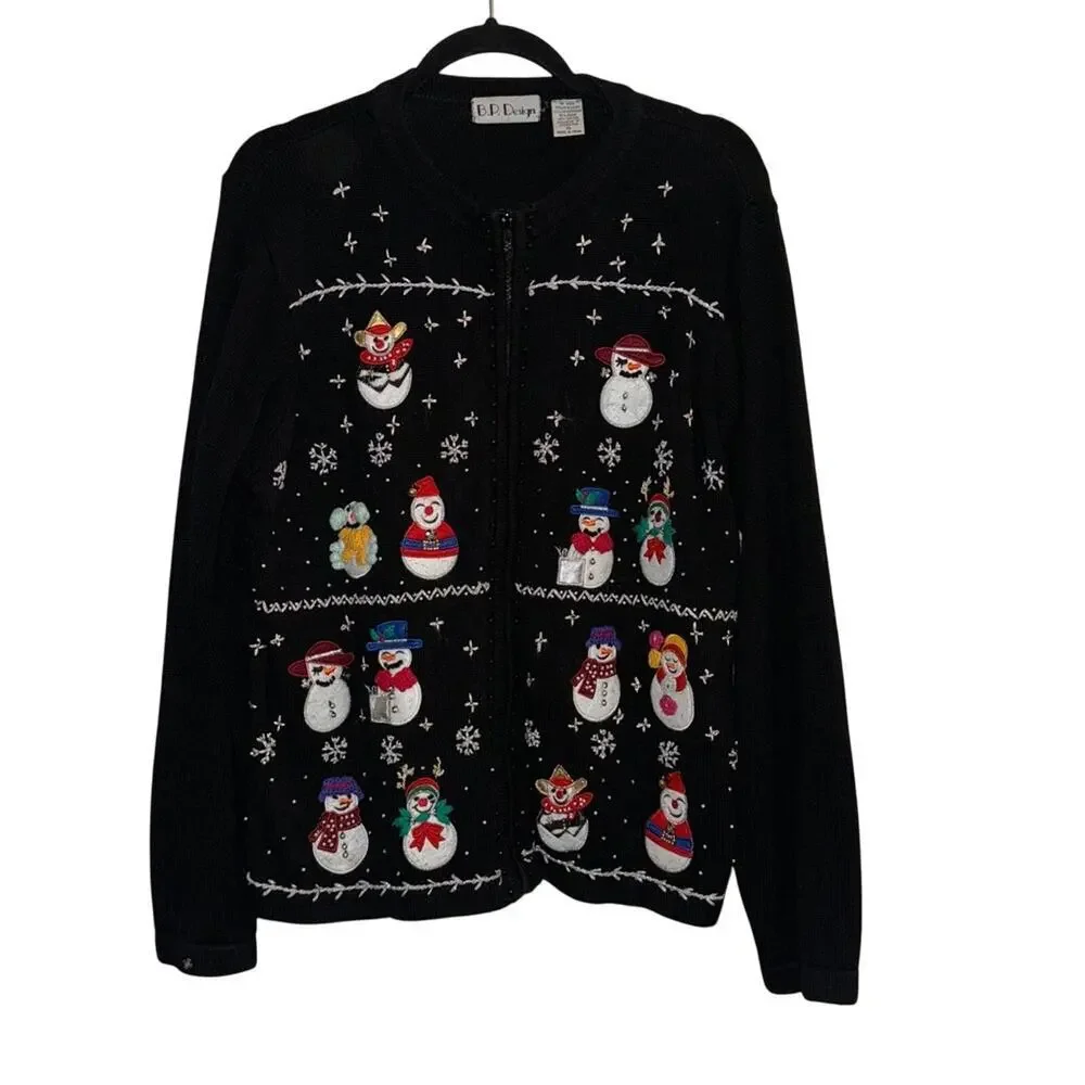 Vintage90s Snowman Beaded Christmas Cardigan Black Size XL